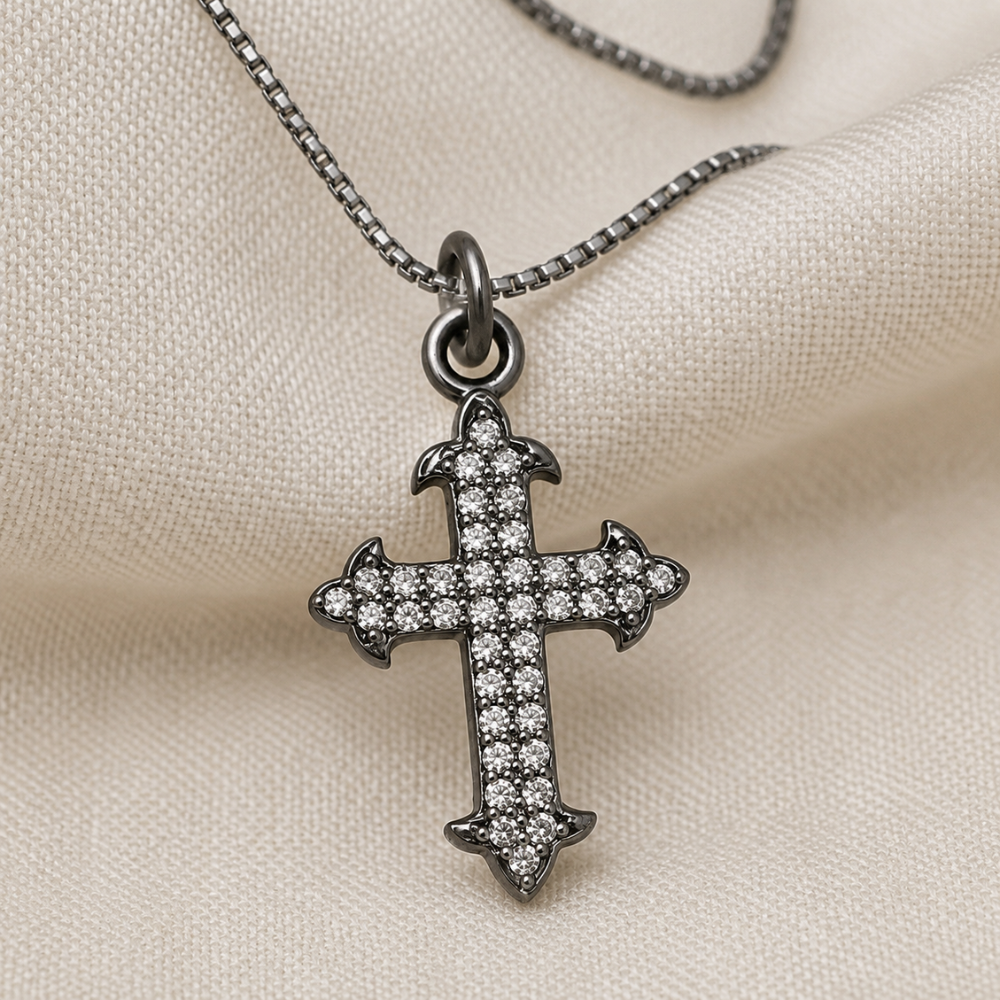 18" Black Rhodium Plated Diamond Studded Ornate Cross Necklace