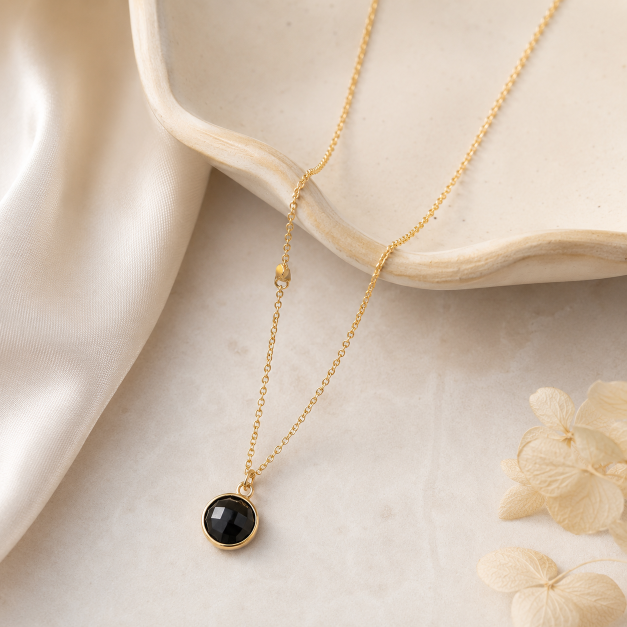 16" + 2" 14 Karat Gold Plated Faceted Black Onyx Necklace