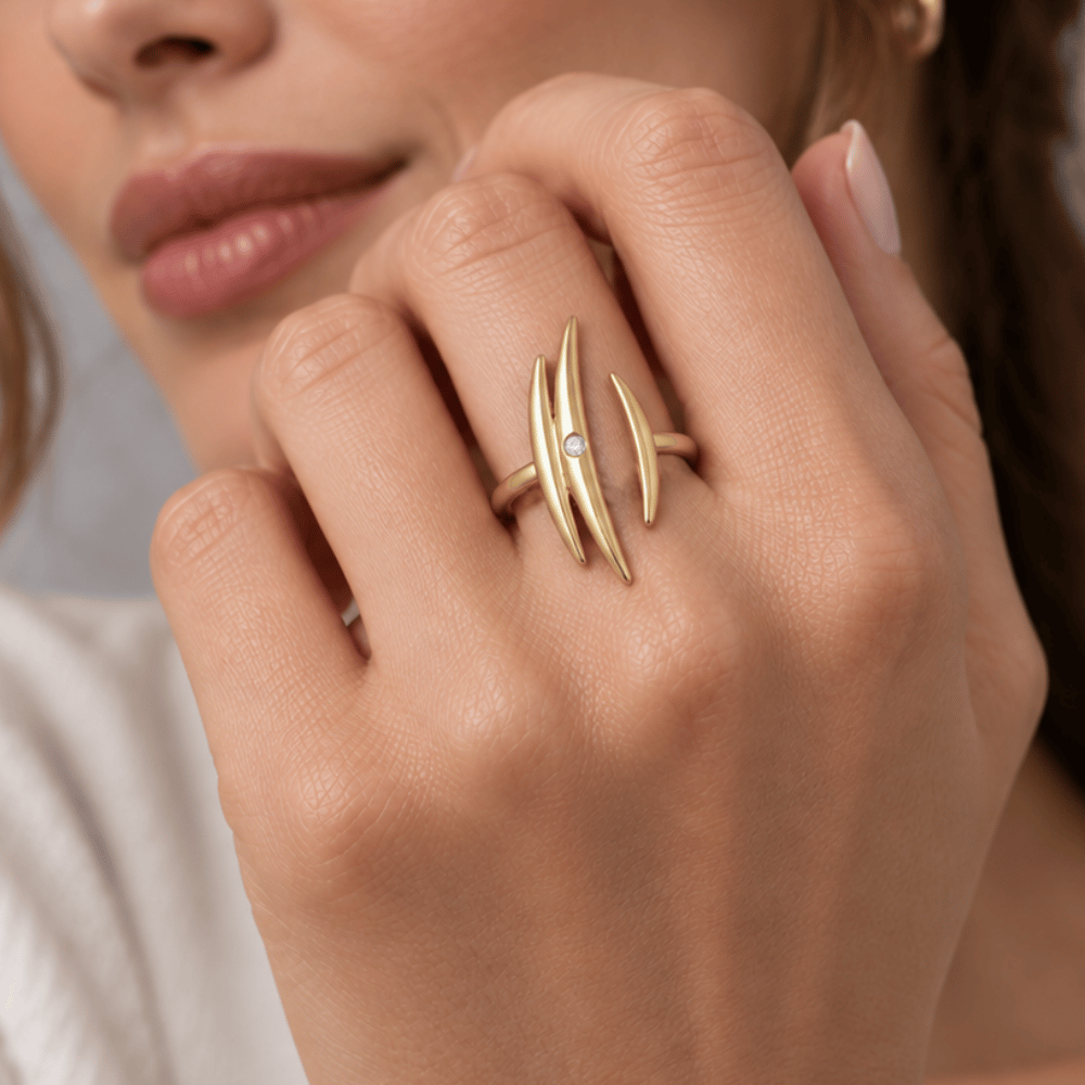 14 Karat Gold Plated Adjustable CZ Crescent Ring
