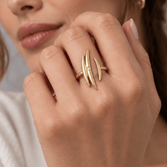 14 Karat Gold Plated Adjustable CZ Crescent Ring