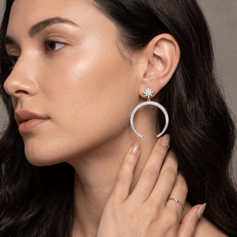 Rhodium Plated Star CZ and Crescent Drop Fashion Earrings