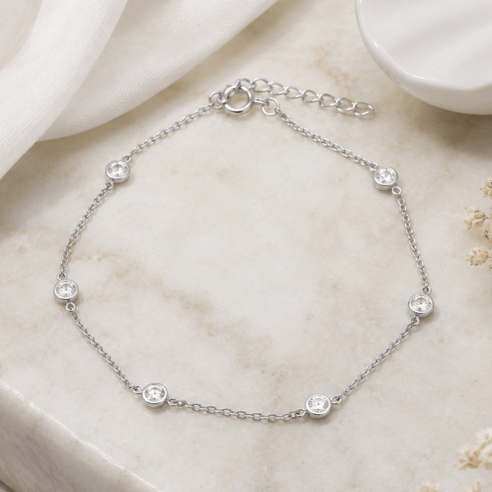 9" + 1" Rhodium Plated Bezel Set CZ Anklet