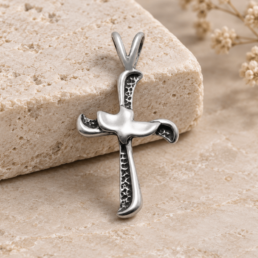 Oxidized Cross with Dove Pendant