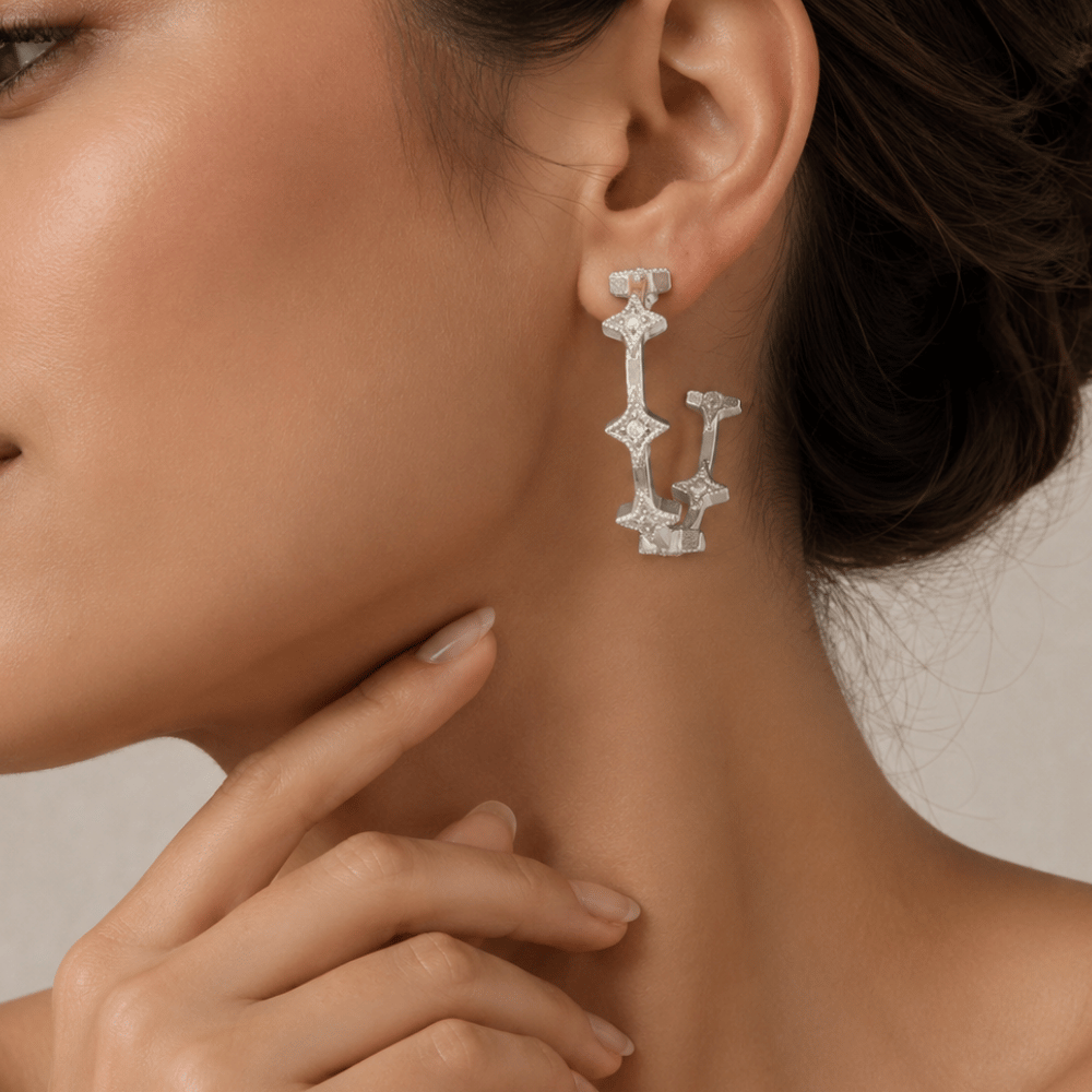 Rhodium Plated CZ Star In/Out Fashion Hoop Earrings