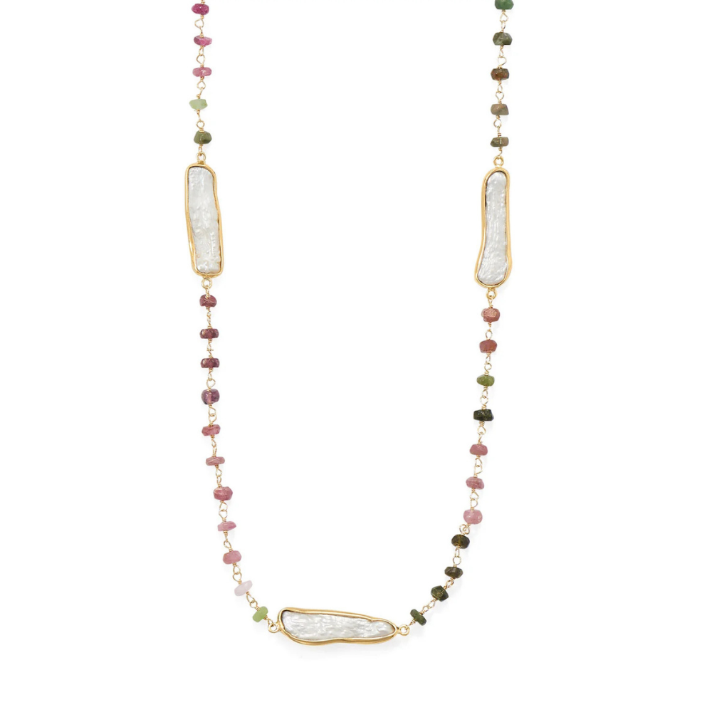 24" 14 Karat Gold Plated Tourmaline and Cultured Freshwater Pearl Necklace