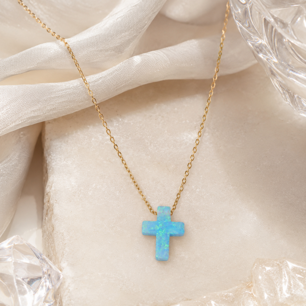 16" + 2" 14 Karat Gold Plated Synthetic Opal Cross Necklace