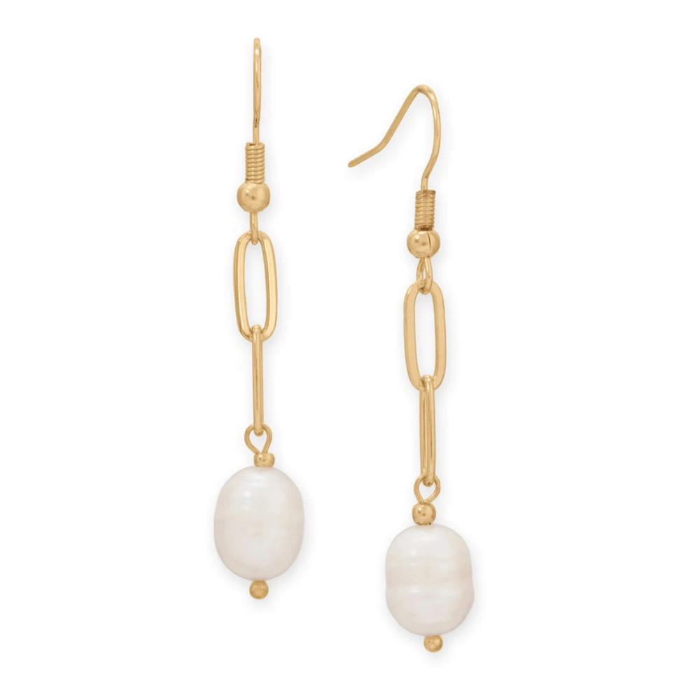 Gold Tone Paperclip and Cultured Freshwater Pearl Drop Fashion Earrings