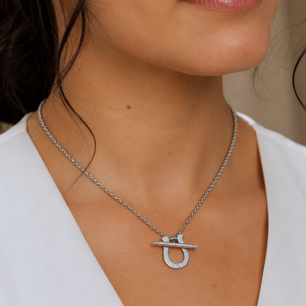 16" Rhodium Plated CZ Horseshoe Toggle Necklace