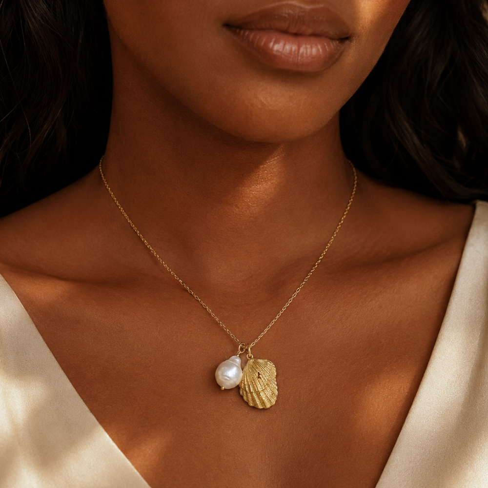 16" + 2" 14 Karat Gold Plated Shell and Pearl Necklace