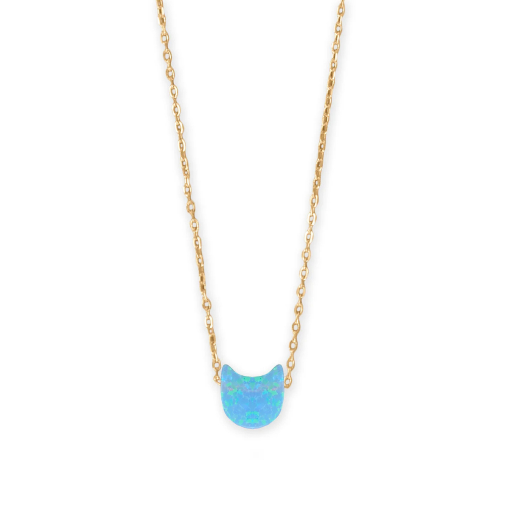 16" + 2" 14 Karat Gold Plated Synthetic Opal Kitty Cat Necklace