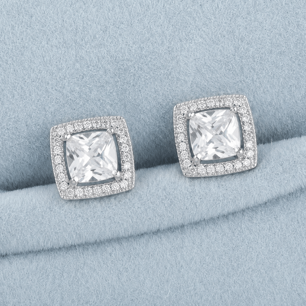 Rhodium Plated Square CZ with Halo Stud Earrings
