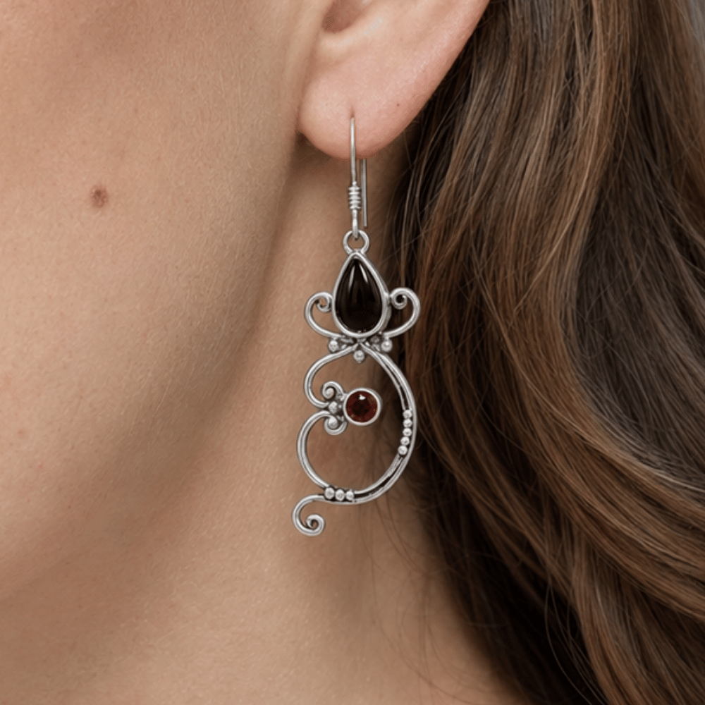 Black Onyx and Garnet Bali Earrings