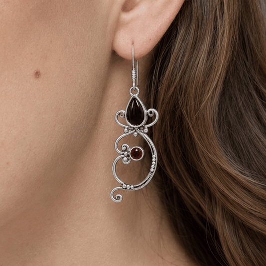 Black Onyx and Garnet Bali Earrings