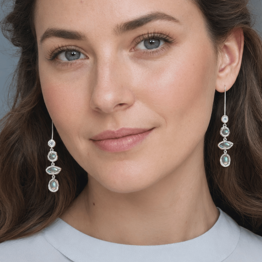 Rhodium Plated Hammered CZ and Labradorite Earrings