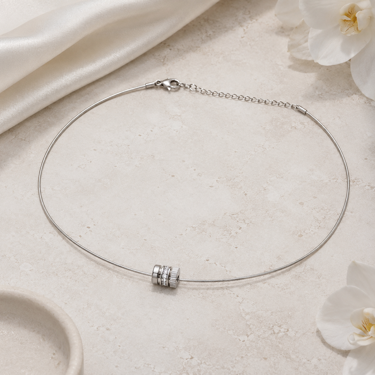 16" + 2" Stainless Steel CZ Wheel Collar Necklace