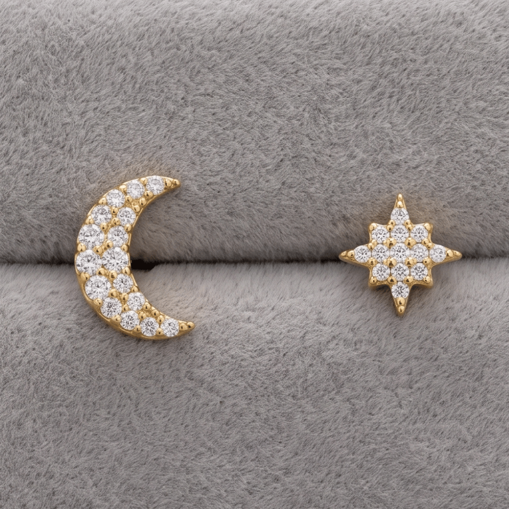 CZ Moon and Star Stud Earrings