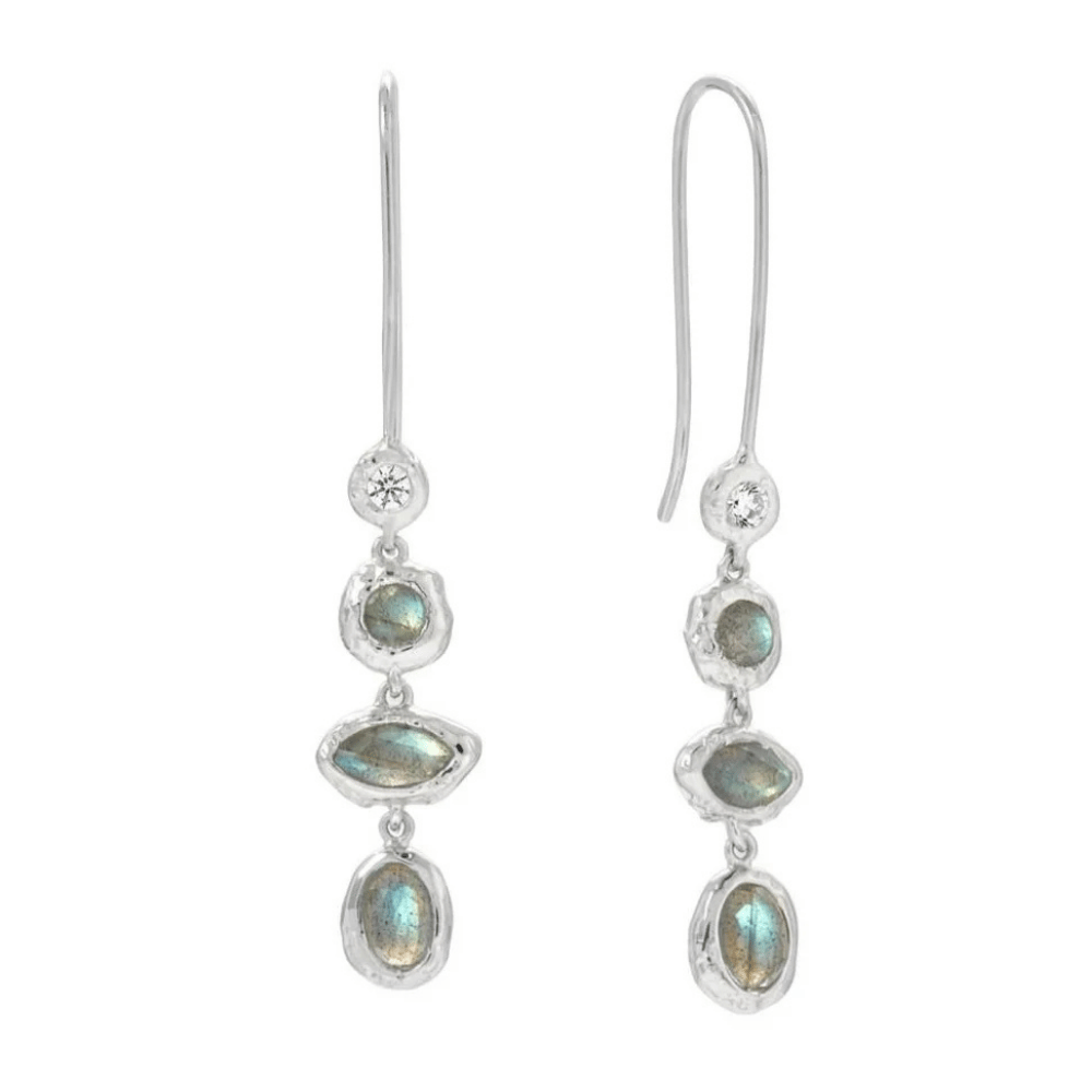 Rhodium Plated Hammered CZ and Labradorite Earrings