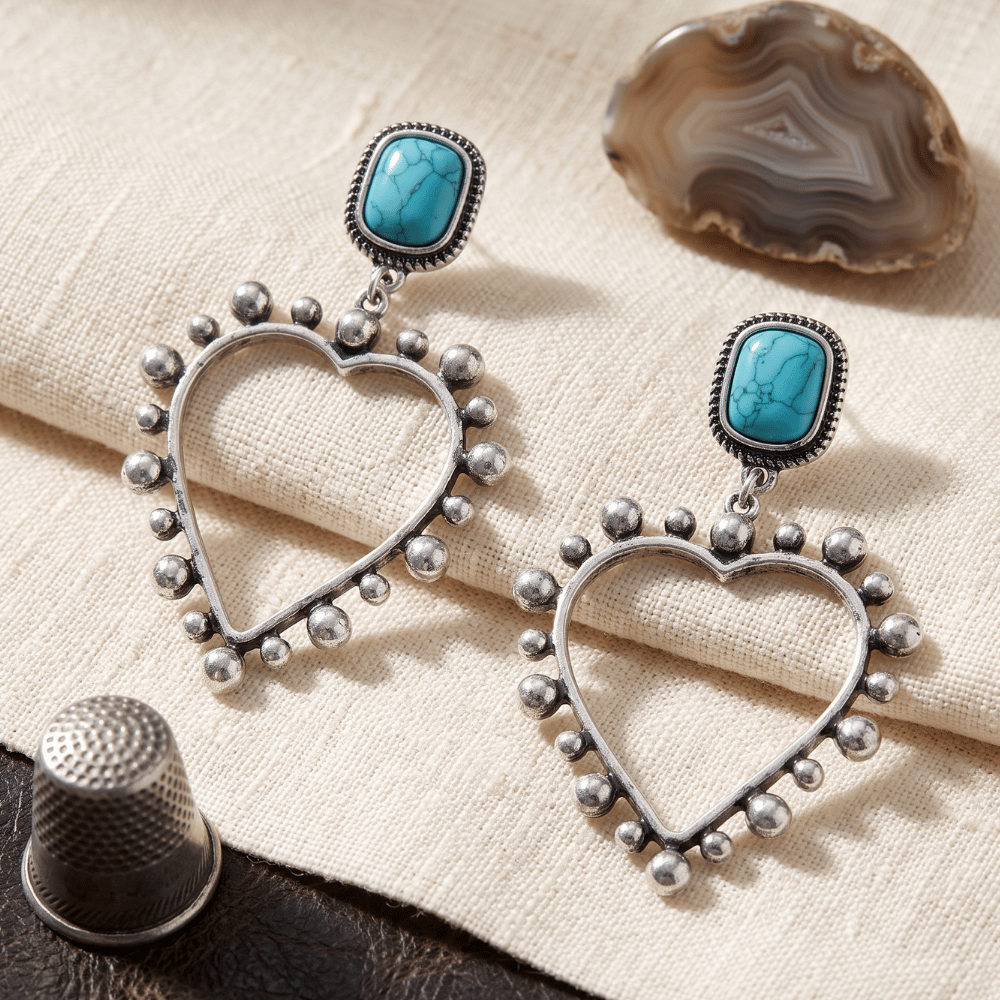 Antique Silver Tone Turquoise Howlite and Heart Drop Fashion Earrings