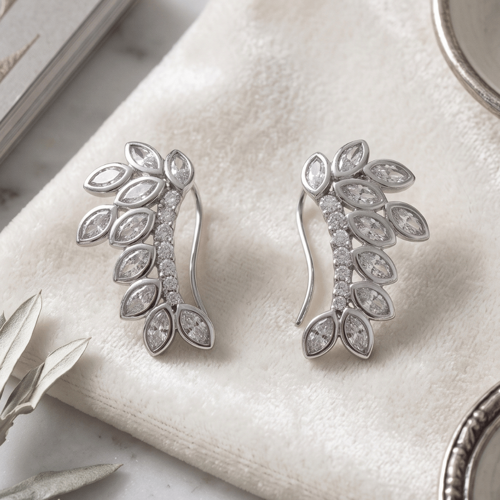 Rhodium Plated CZ Leaf Drop Earrings