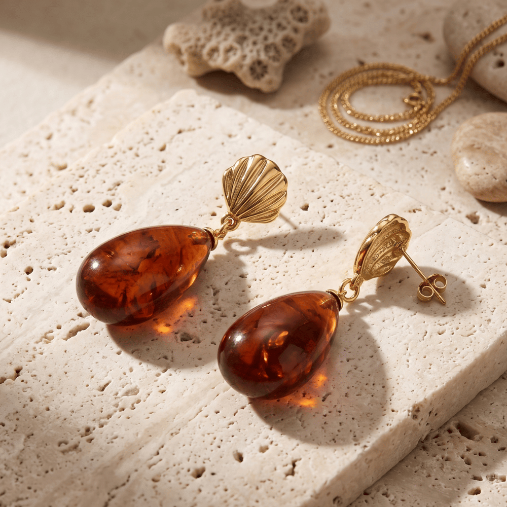 Gold Tone Shell and Marbled Acrylic Drop Fashion Earrings