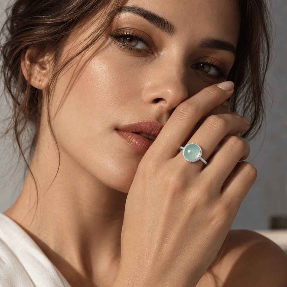 Cabochon Sea Green Chalcedony Ring