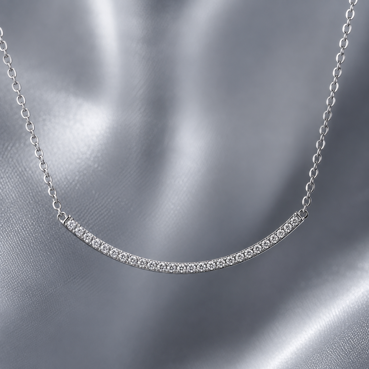 18" + 2" Rhodium Plated Curved CZ Bar Necklace