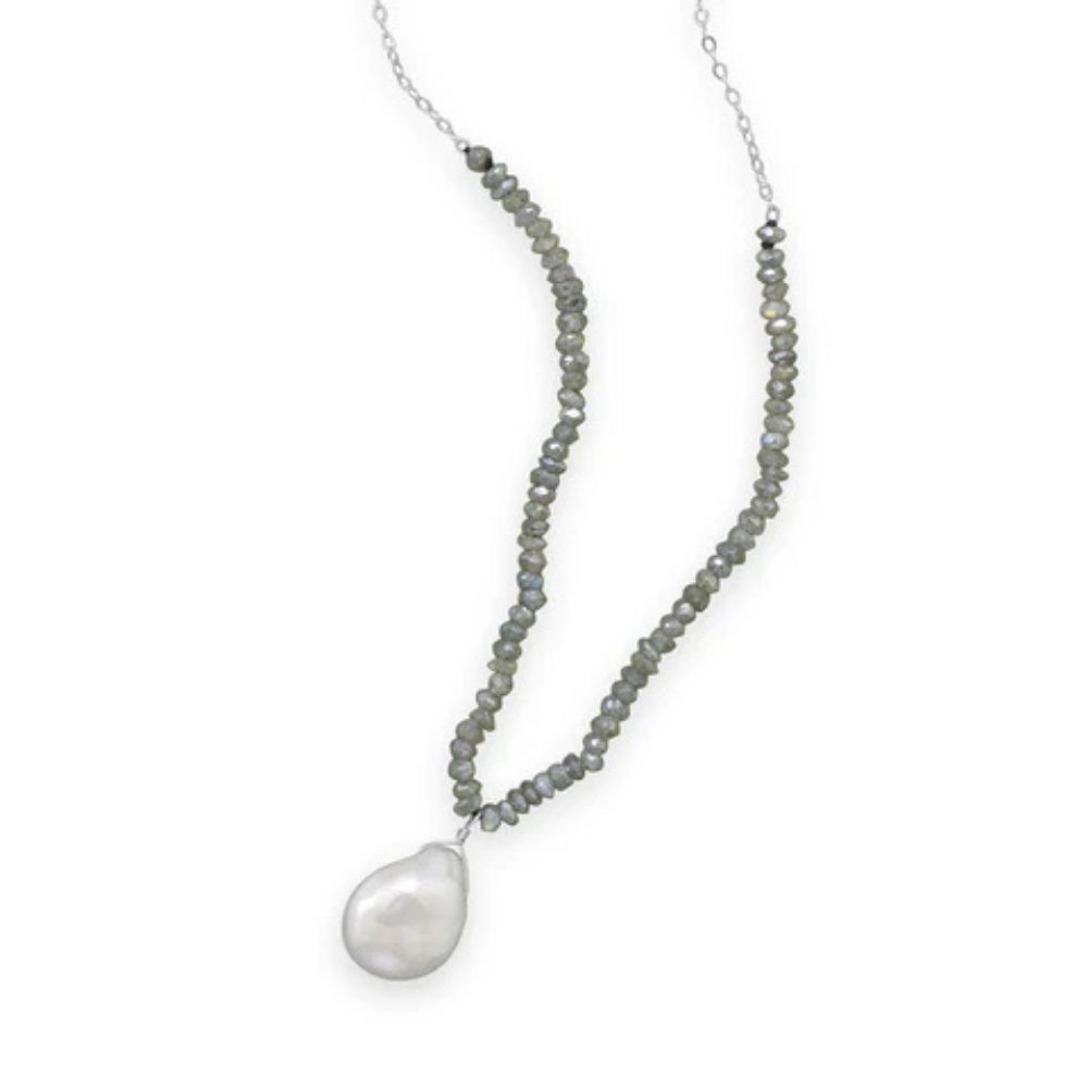 16" + 2" Labradorite and Baroque Pearl Drop Necklace