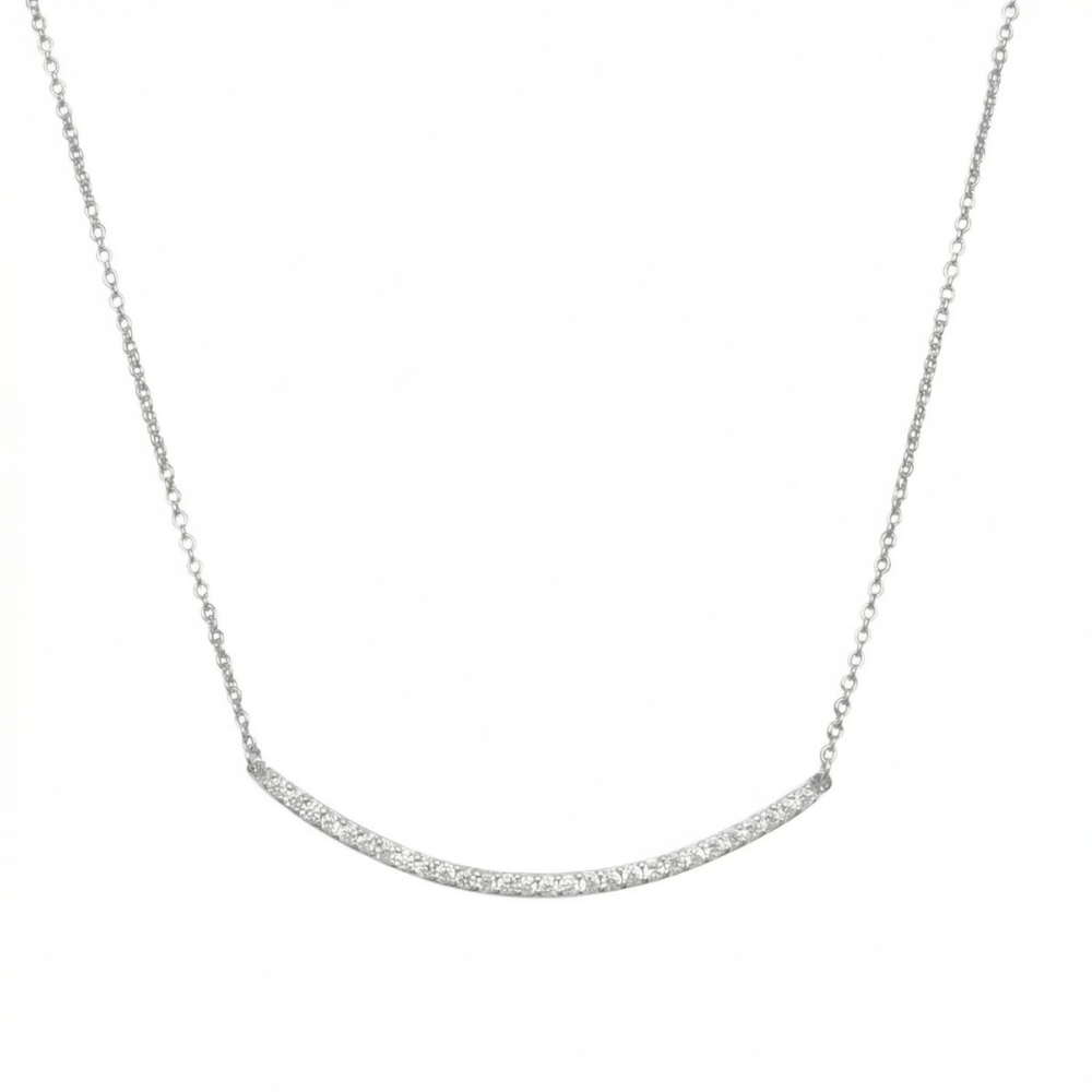 18" + 2" Rhodium Plated Curved CZ Bar Necklace