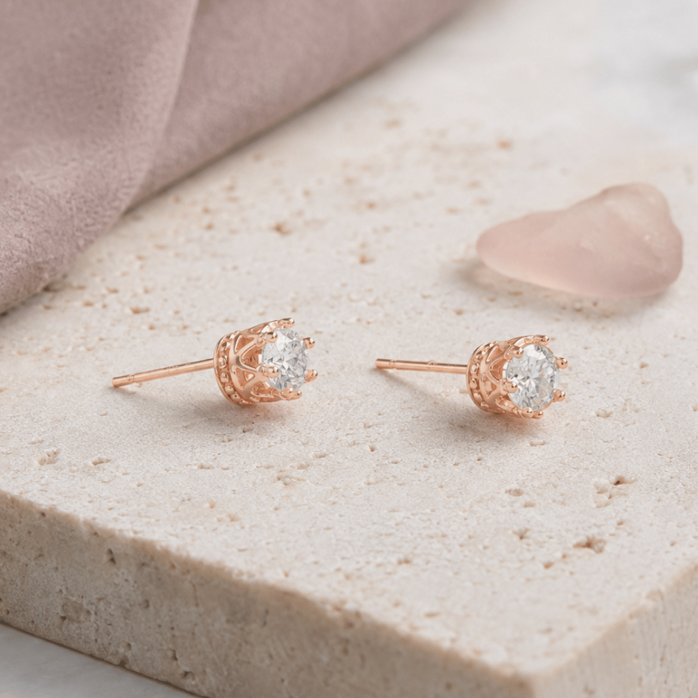 14 Karat Rose Gold Plated Crown Set CZ Earrings