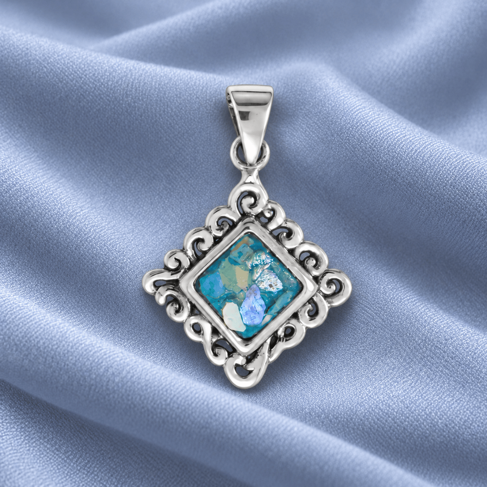 Oxidized Square Roman Glass Swirl Edge Pendant