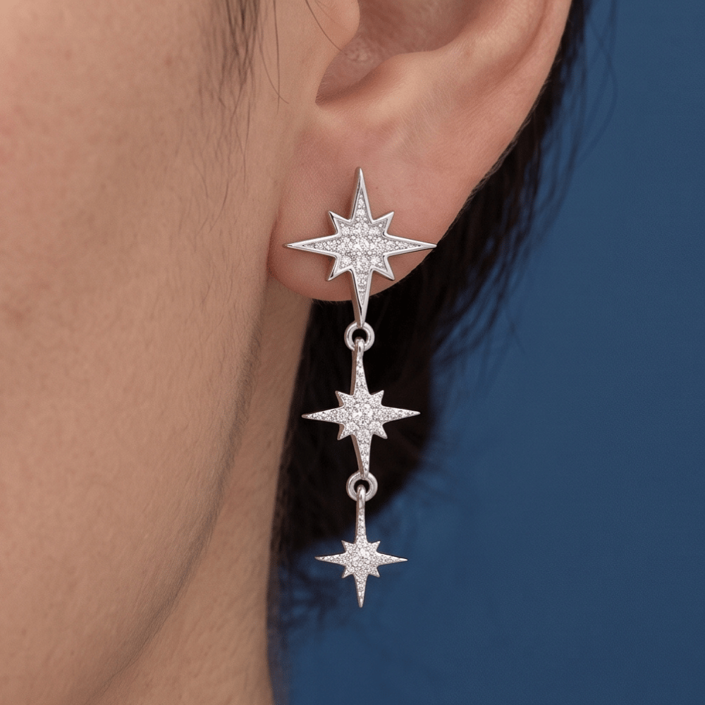 Rhodium Plated CZ Star Drop Earrings