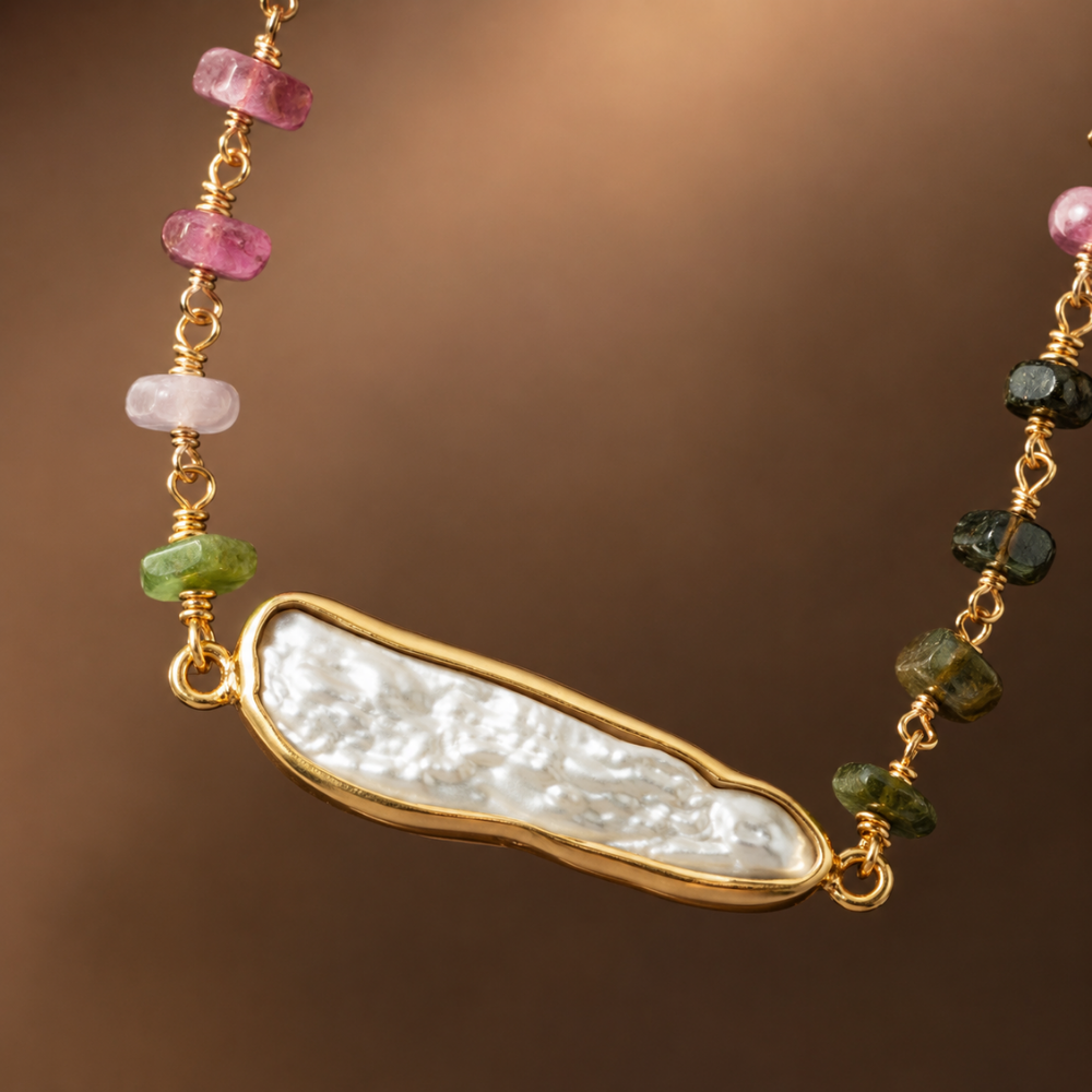24" 14 Karat Gold Plated Tourmaline and Cultured Freshwater Pearl Necklace