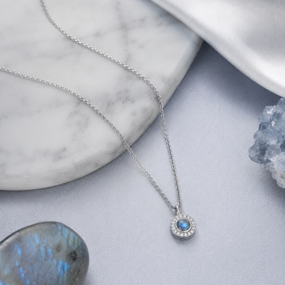 16" + 2" Rhodium Plated Labradorite and CZ Halo Necklace