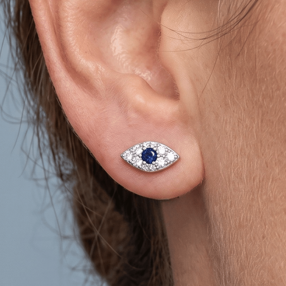 Blue CZ Evil Eye Stud Earrings