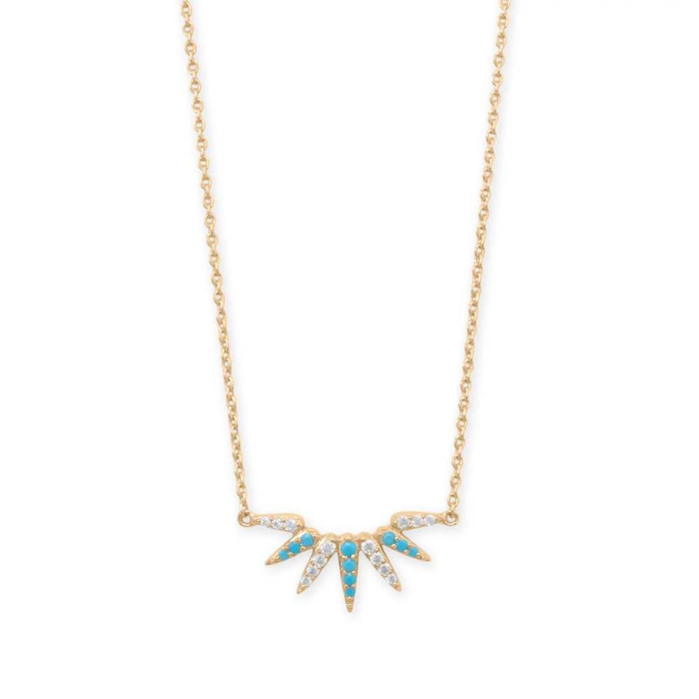 16" + 2" 14 Karat Gold Plated Synthetic Turquoise and CZ Spike Necklace