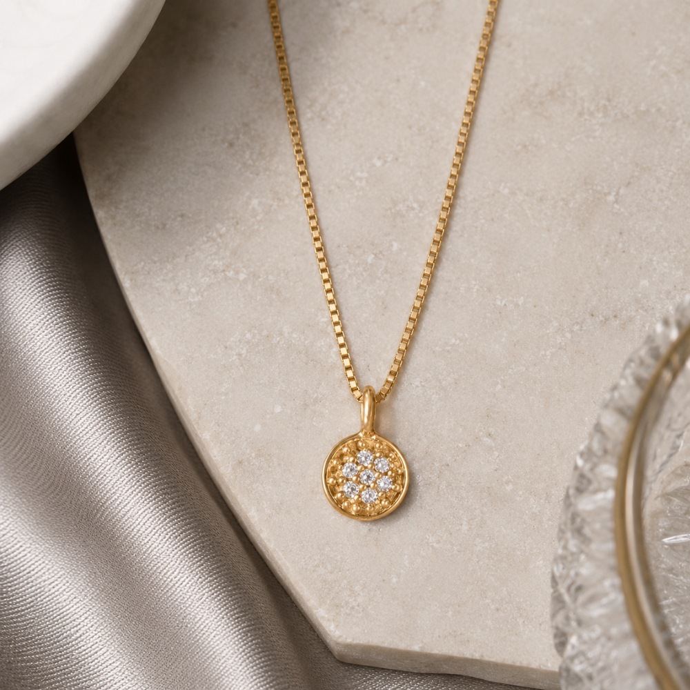 16" 14 Karat Gold Plated Diamond Studded Disc Necklace