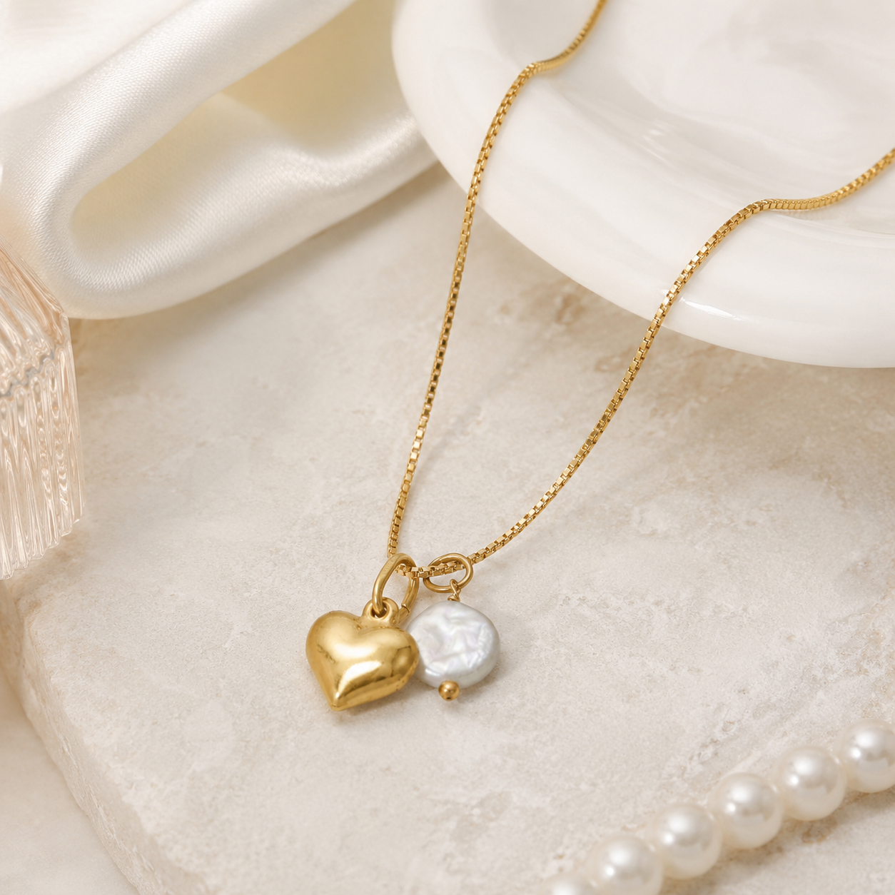 18" 14 Karat Gold Plated Puffy Heart and Cultured Freshwater Coin Pearl Necklace