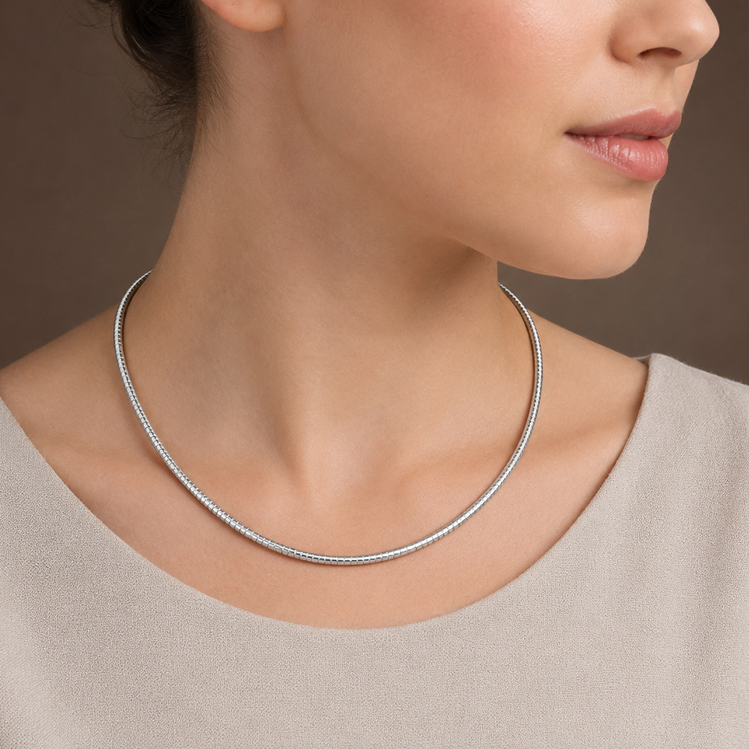 925 Sterling Silver Round Omega Necklace - 2mm
