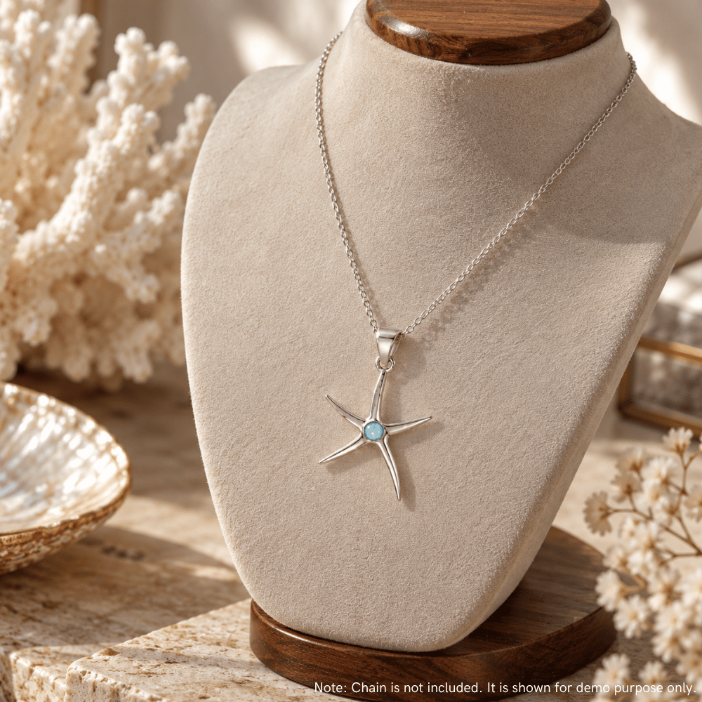 Rhodium Plated 2.5mm Larimar Starfish Pendant