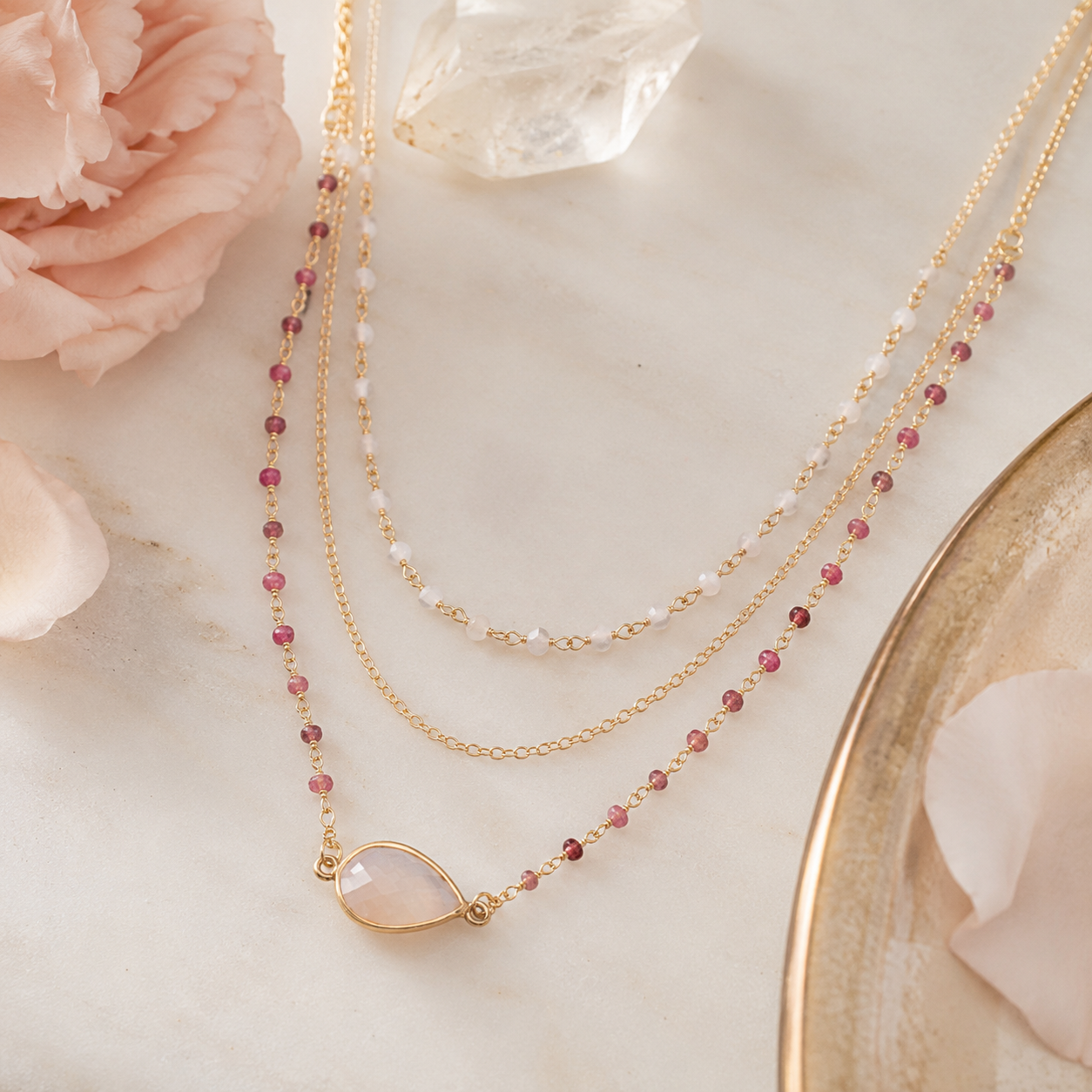 16" + 2" Gold Filled Rainbow Moonstone and Tourmaline Necklace