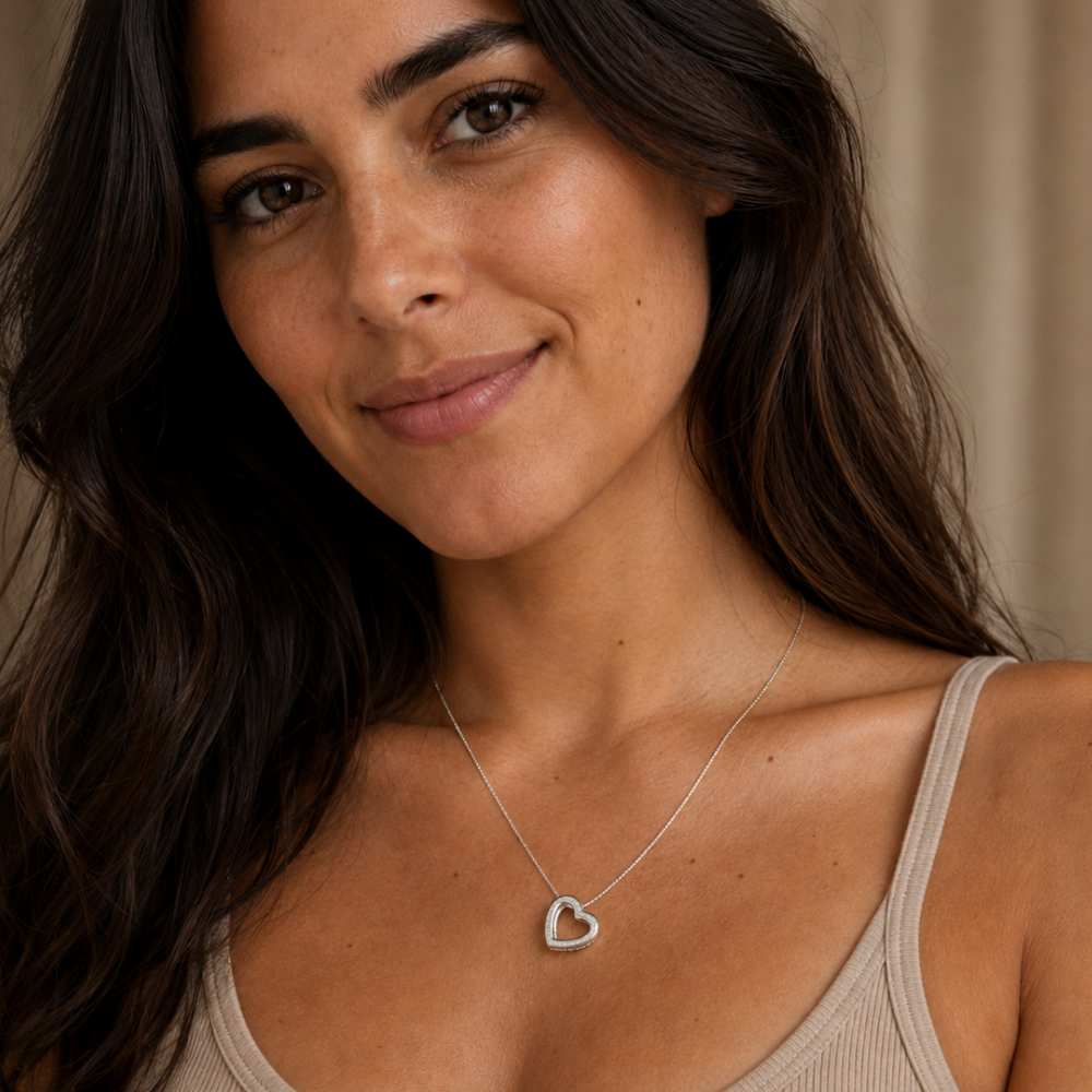 16" + 2" Rhodium Plated CZ Lined Floating Heart Necklace