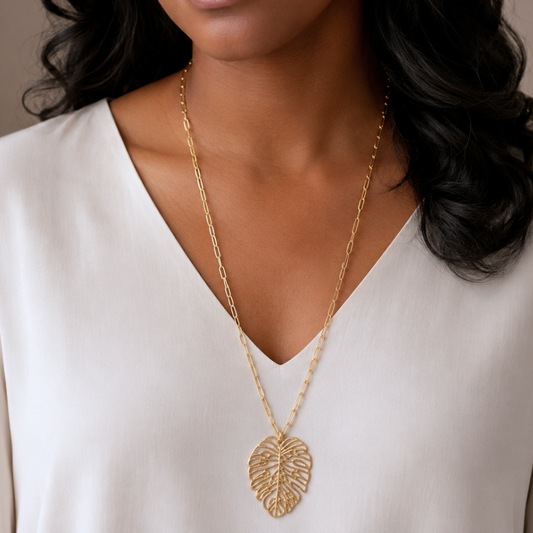 24" + 3" Gold Tone Palm Leaf Fashion Necklace