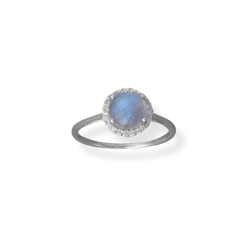 Rhodium Plated Labradorite and CZ Halo Ring
