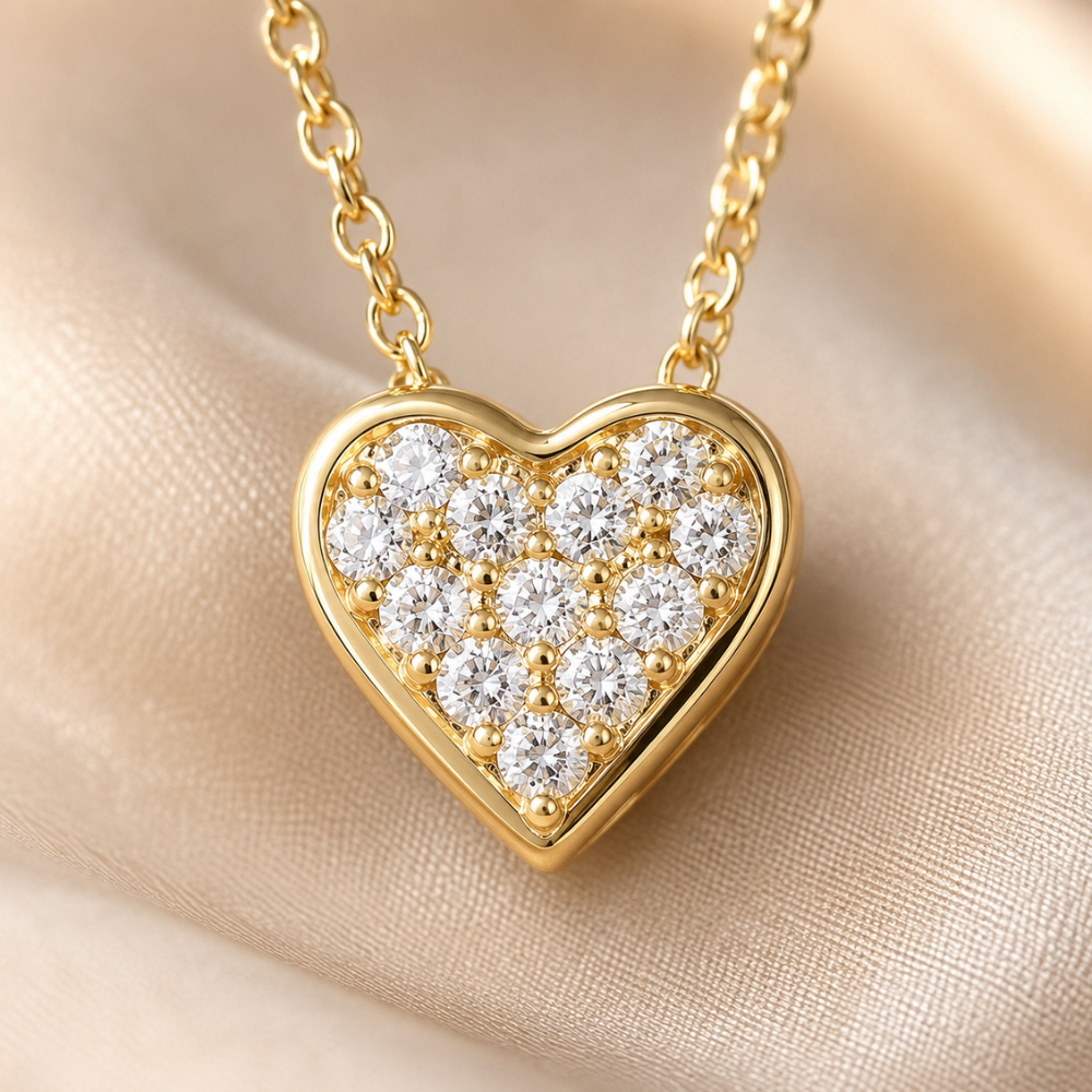 16" + 2" 14 Karat Gold Plated Pave CZ Heart "MOM" Necklace