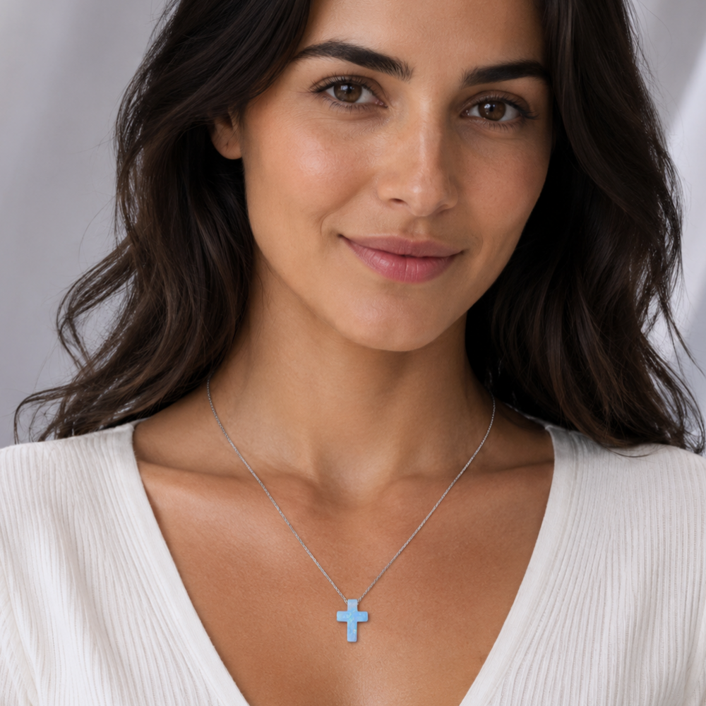 16" + 2" Rhodium Plated Synthetic Opal Cross Necklace