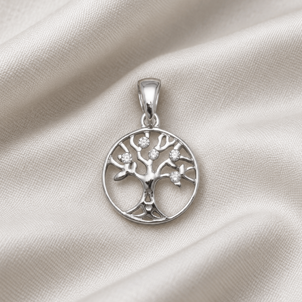 Rhodium Plated CZ Tree of Life Pendant