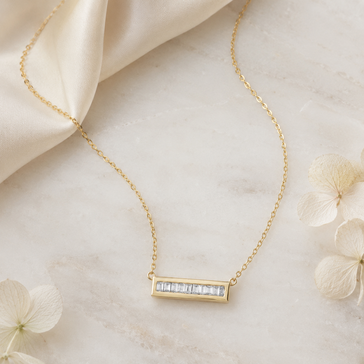 14 Karat Gold Plated Mini CZ Bar Necklace