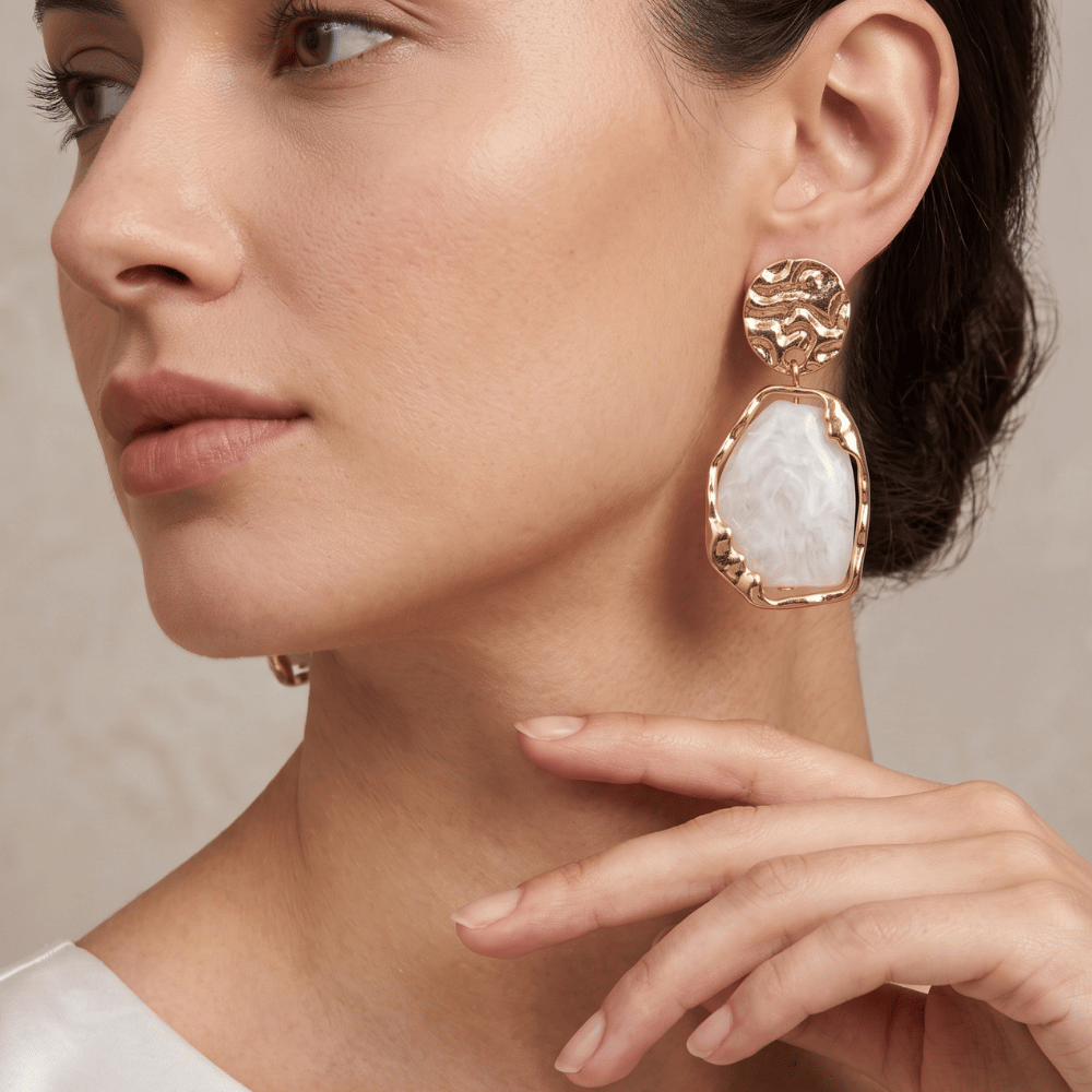 Gold Tone Textured Disc and White Marble Acrylic Drop Fashion Earrings