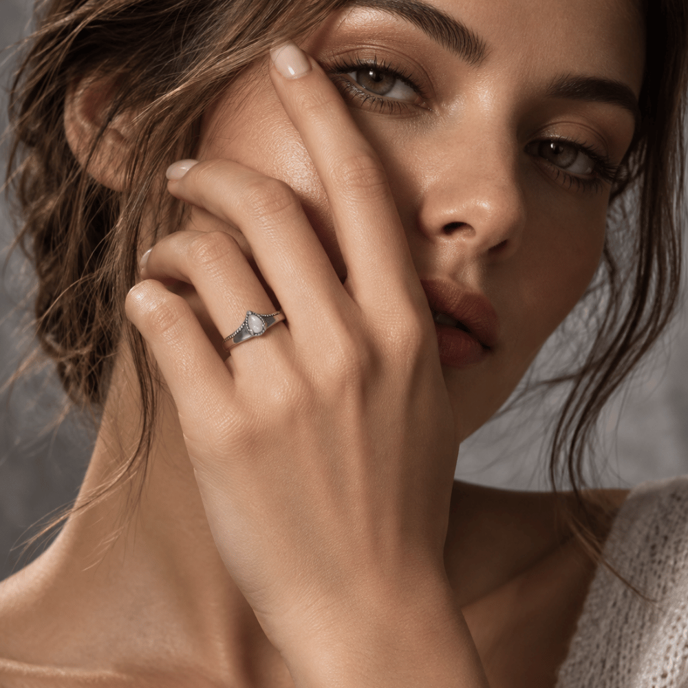 Oxidized Pear Rainbow Moonstone Bead Edge Ring