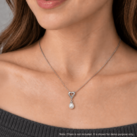 Rhodium Plated Cultured Freshwater Pearl and CZ Heart Slide Pendant